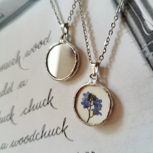 Forget Me Not Mirror Necklace – Stained Glass Terrarium Pendant with Real Flowers