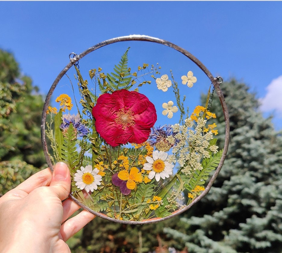 Handmade Herbarium Pressed Flower Frame | Dried Flower Botanical Wall Art in Stained Glass