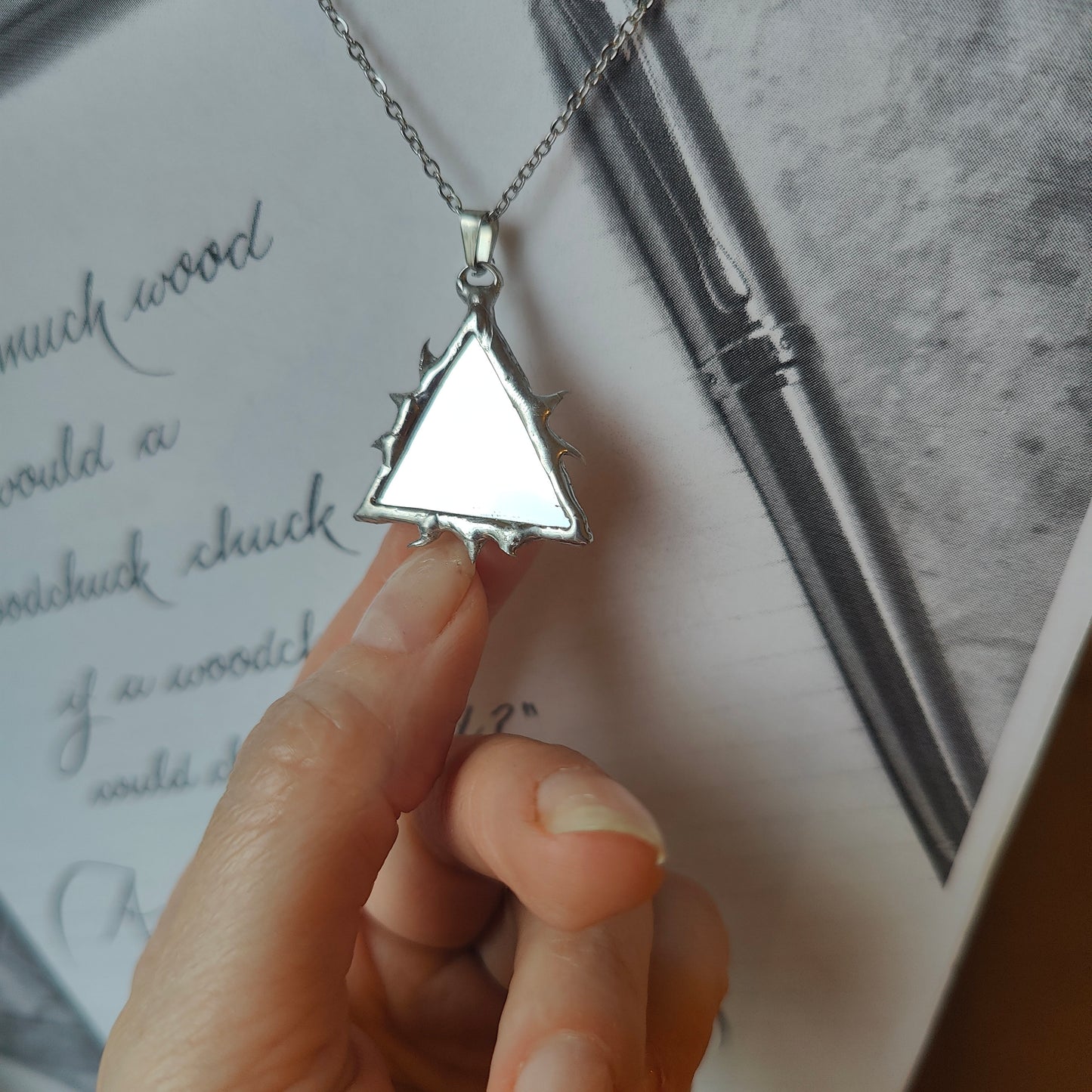 Mirror Necklace triangular for Protection with Thorns Pendant - Handmade Gothic Jewelry, Unique Dark Academia Gifts for Girlfriend or boyfriend