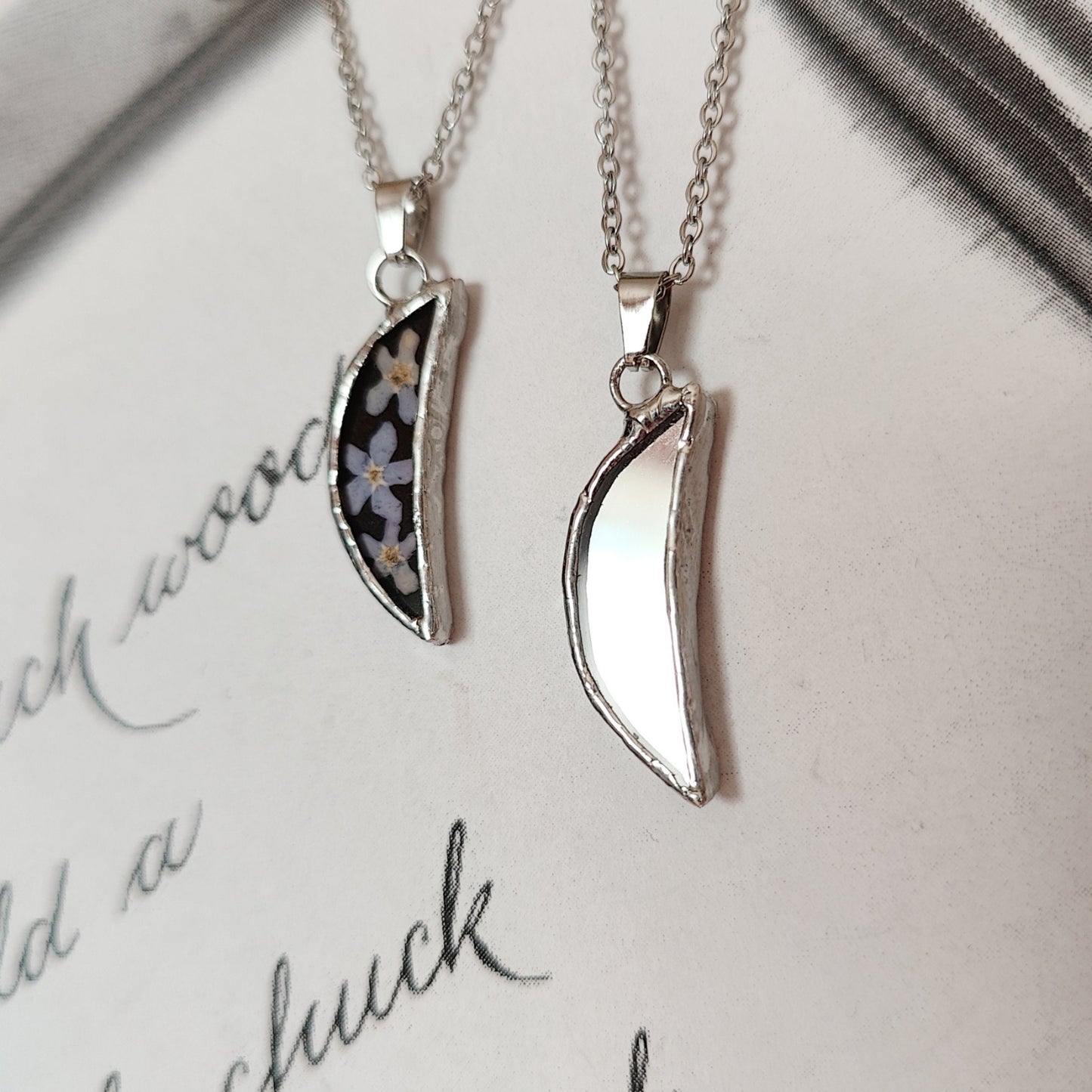 Mirror Necklace with Half Moon and Forget Me Not – Birthflower Celestial Pendant