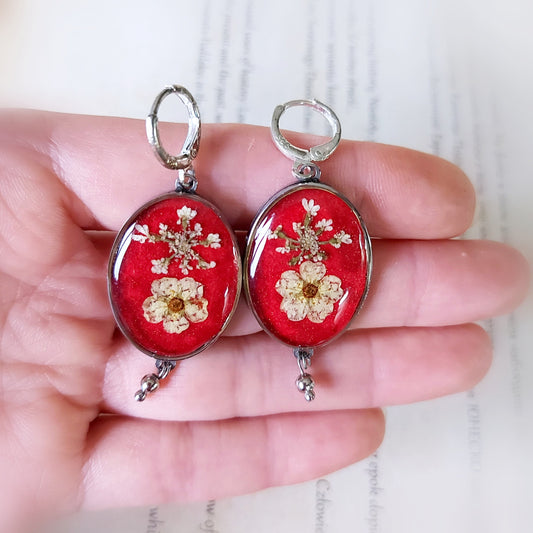 Spirea Earrings | Red Real Flower Dangle Earrings | Stained steel earrings |Pressed Flower Jewelry