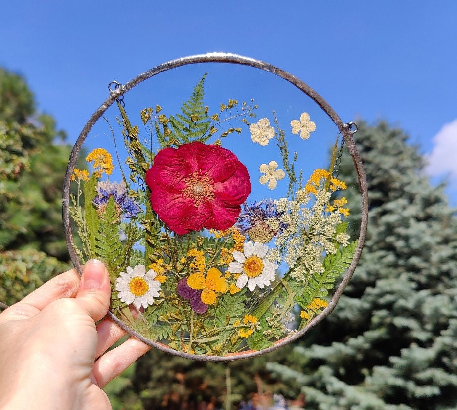 Handmade Herbarium Pressed Flower Frame | Dried Flower Botanical Wall Art in Stained Glass