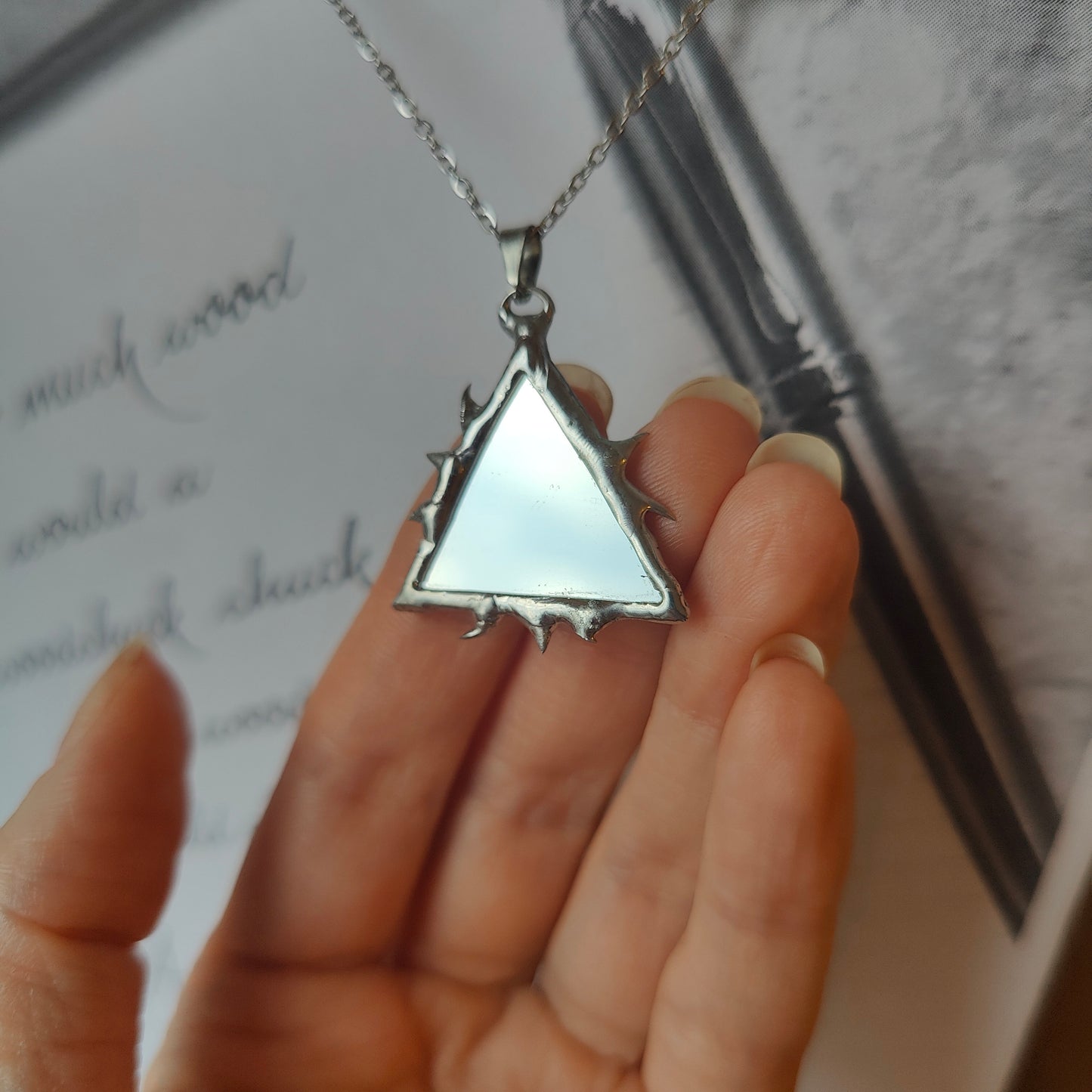 Mirror Necklace triangular for Protection with Thorns Pendant - Handmade Gothic Jewelry, Unique Dark Academia Gifts for Girlfriend or boyfriend