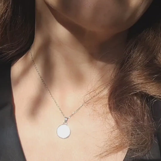 Handmade mirror pendant necklace – minimalist reflective amulet on chain by HelenkaBee – stained glass jewelry shown worn on neck