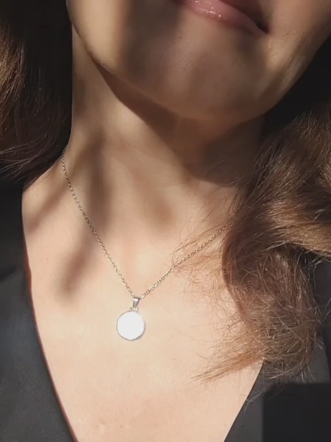 Handmade mirror pendant necklace – minimalist reflective amulet on chain by HelenkaBee – stained glass jewelry shown worn on neck